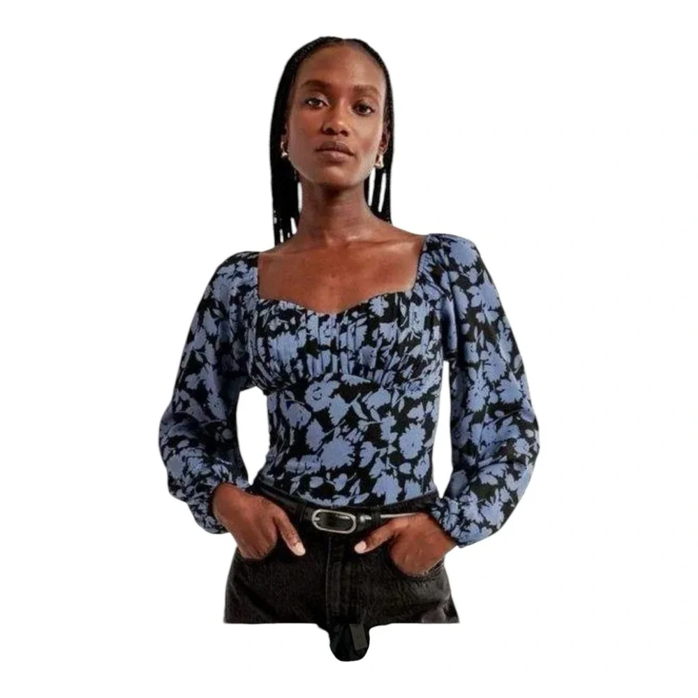 Abercrombie & Fitch Women's Large Long Sleeve Black/Blue  Puff‎ Sleeve Top Sheer